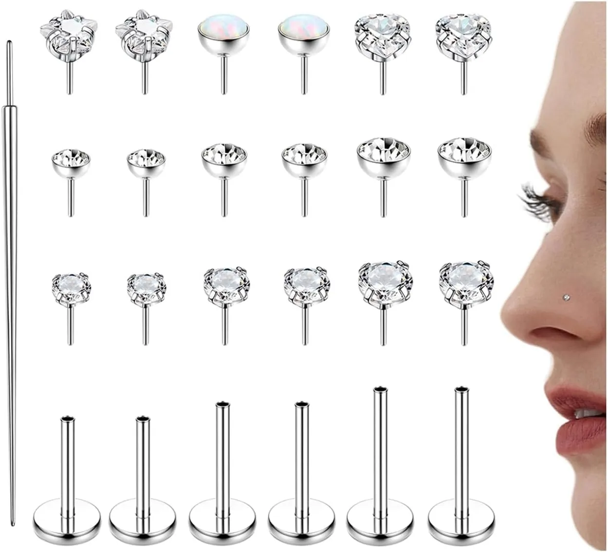 20G 18G Threadless Nose Studs for Women Men 316L Stainless Steel Monroe Lip Rings Labret Stud Push In Nose Ring Nostril Piecing Jewelry Opal CZ Flat Back Nose Stud 1.5mm 2mm 3mm