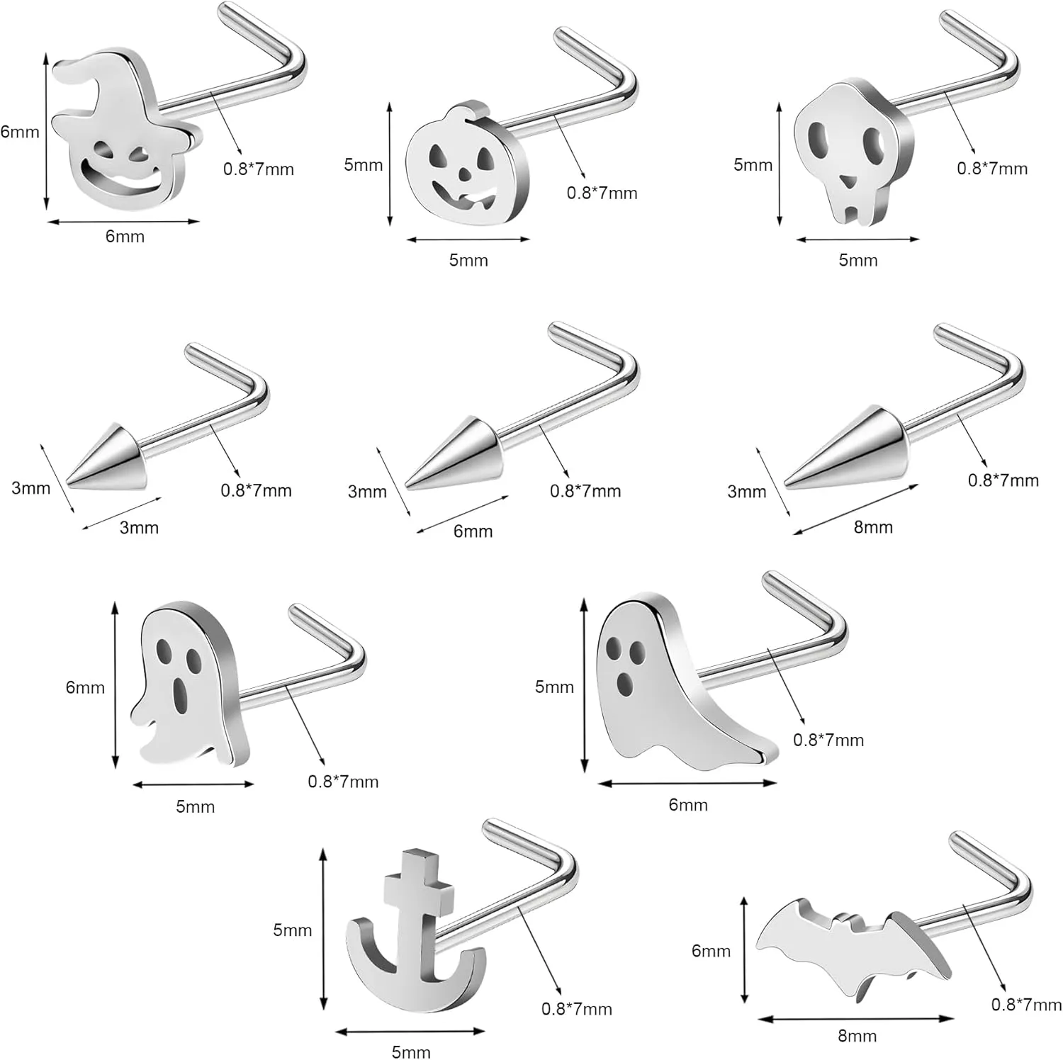 20G Nose Ring Studs, 316L Stainless Steel L-Shaped & Spider L Bend Nose Screws, Piercing Jewelry for Women & Men - Black