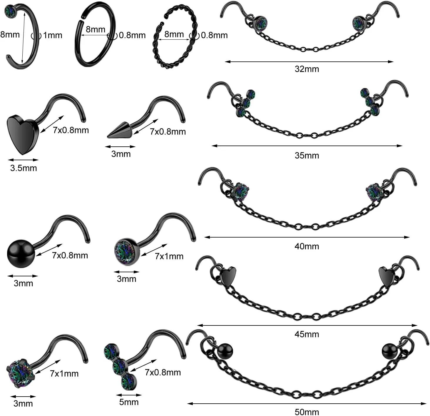 20G Nose Rings Studs with Chain Piercing Across Double Nose Stud Nose Hoop Spike Heart Ball CZ Surgical Steel Nostril Piercing Jewelry for Women Men, Black Silver Gold