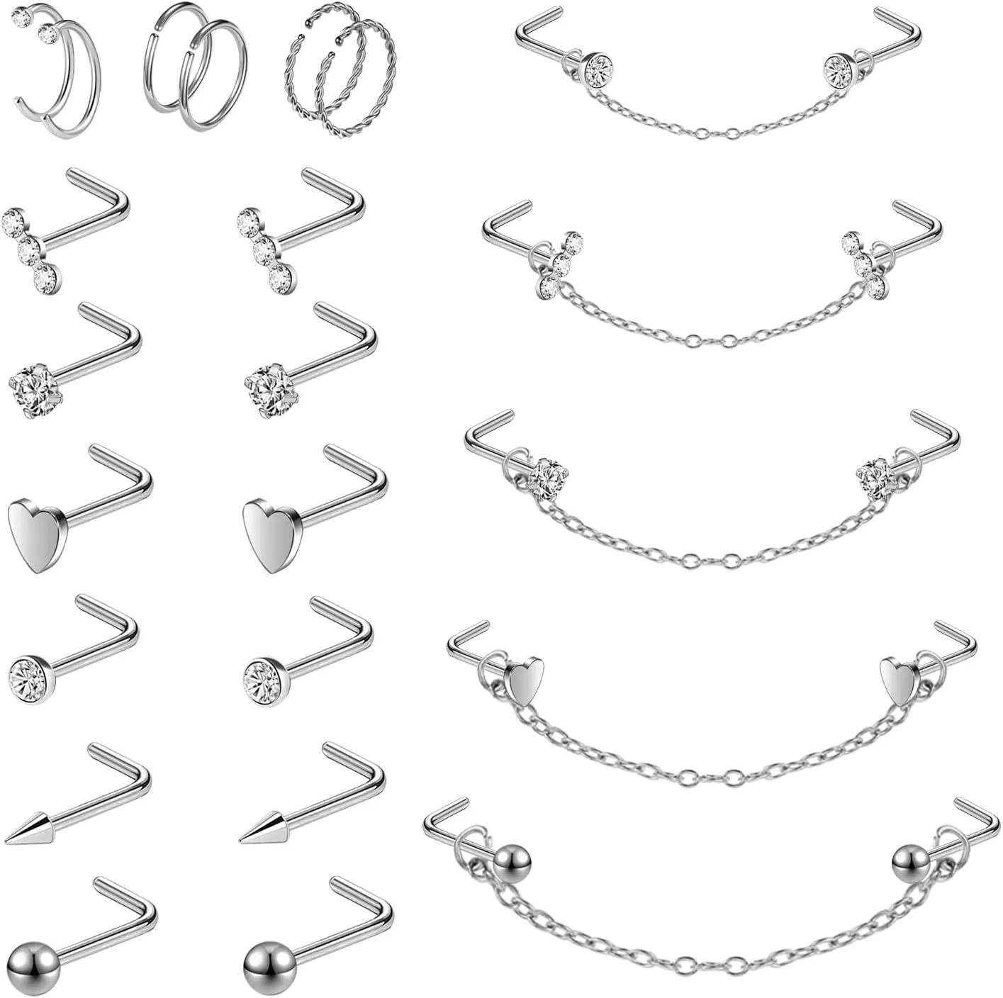 20G Nose Rings Studs with Chain Piercing Across Double Nose Stud Nose Hoop Spike Heart Ball CZ Surgical Steel Nostril Piercing Jewelry for Women Men, Black Silver Gold