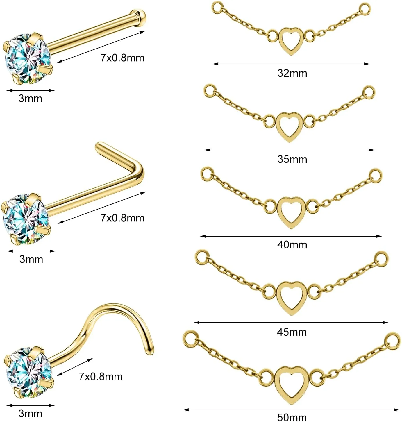 20G Nose Rings Studs with Chain Piercing Across Double Nose Stud Nose Hoop Spike Heart Ball CZ Surgical Steel Nostril Piercing Jewelry for Women Men, Black Silver Gold