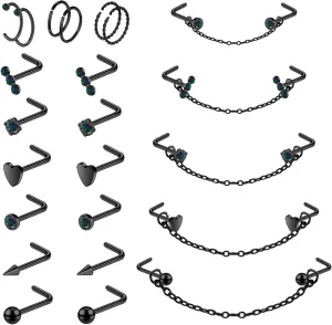 20G Nose Rings Studs with Chain Piercing Across Double Nose Stud Nose Hoop Spike Heart Ball CZ Surgical Steel Nostril Piercing Jewelry for Women Men, Black Silver Gold