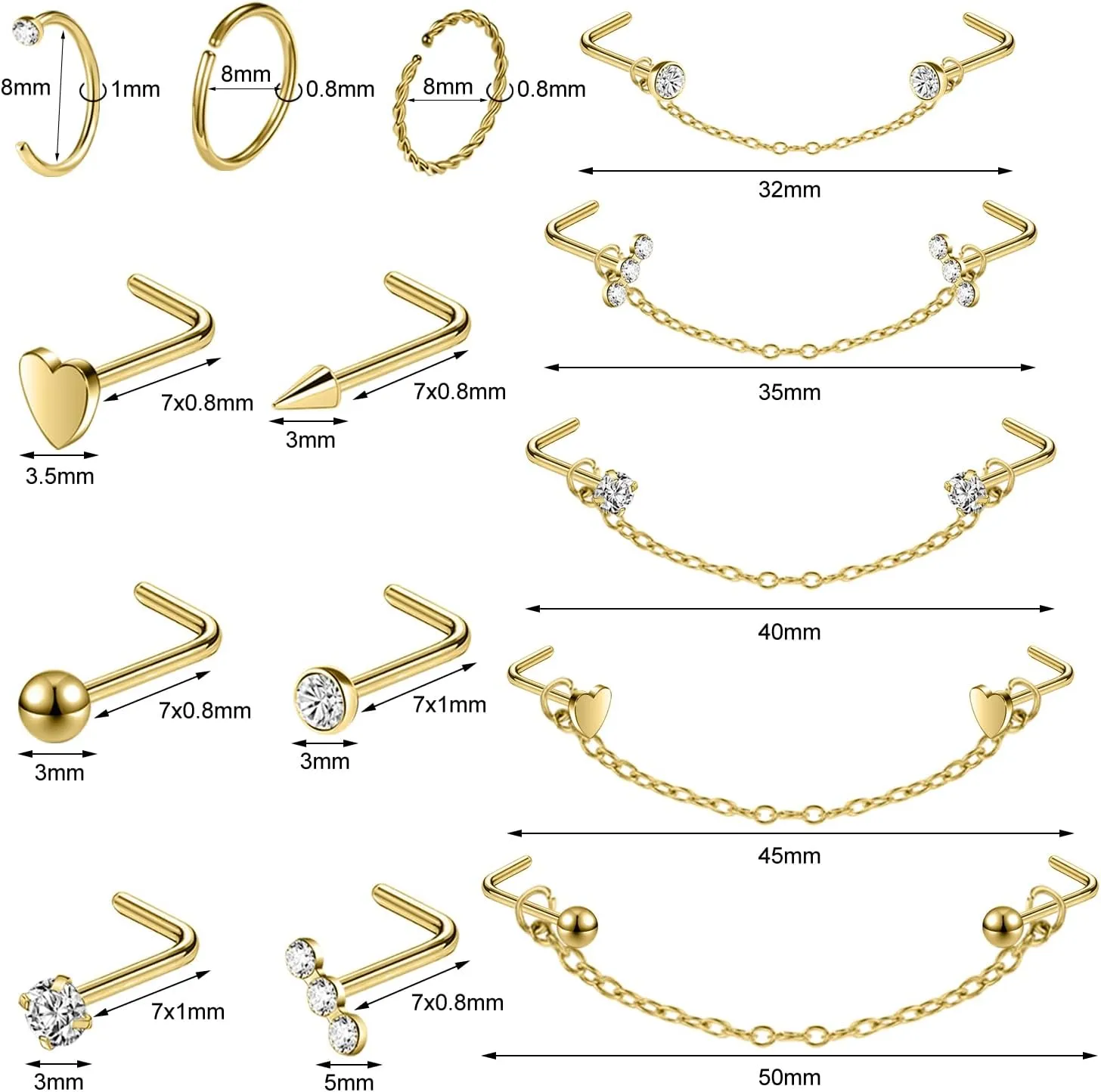 20G Nose Rings Studs with Chain Piercing Across Double Nose Stud Nose Hoop Spike Heart Ball CZ Surgical Steel Nostril Piercing Jewelry for Women Men, Black Silver Gold