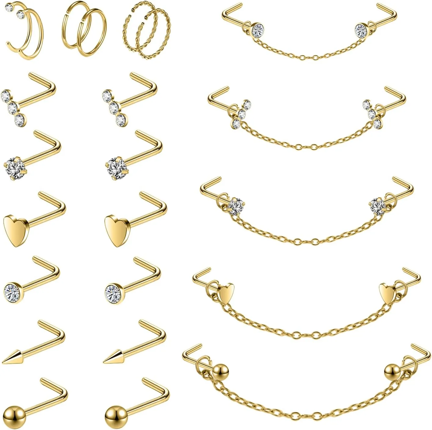 20G Nose Rings Studs with Chain Piercing Across Double Nose Stud Nose Hoop Spike Heart Ball CZ Surgical Steel Nostril Piercing Jewelry for Women Men, Black Silver Gold