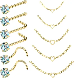 20G Nose Rings Studs with Chain Piercing Across Double Nose Stud Nose Hoop Spike Heart Ball CZ Surgical Steel Nostril Piercing Jewelry for Women Men, Black Silver Gold