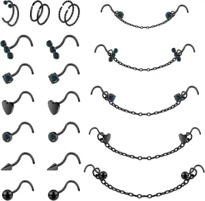 20G Nose Rings Studs with Chain Piercing Across Double Nose Stud Nose Hoop Spike Heart Ball CZ Surgical Steel Nostril Piercing Jewelry for Women Men, Black Silver Gold