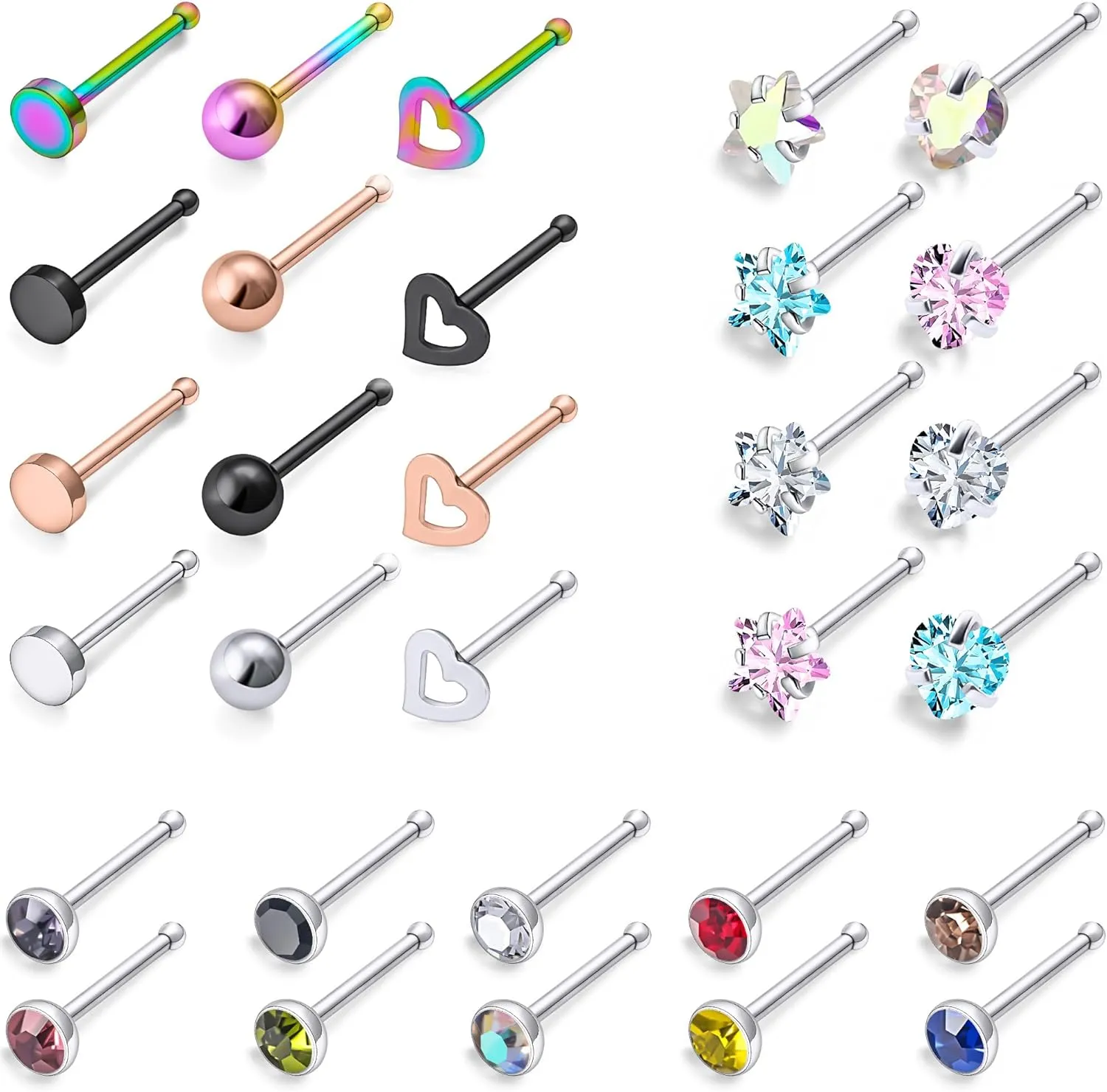 20g Straight/L/Corkscrew Shaped Nose Rings Studs Piercings Jewelry for Women Men Surgical Steel Heart Star Hypoallergenic Nostril