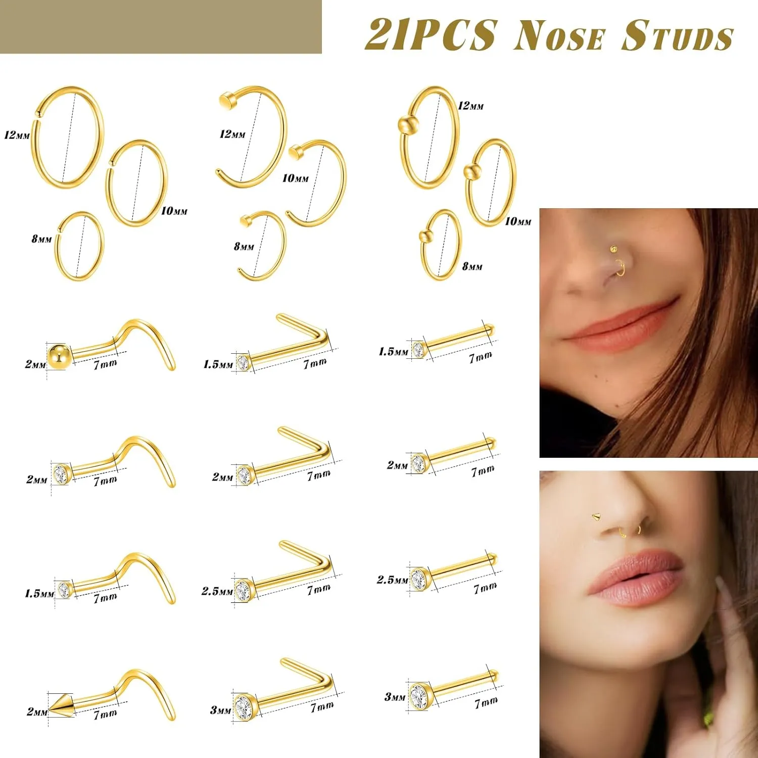 21Pcs Surgical Steel Nose Ring for Women Men - 20G Small Nose Rings Studs,Hypoallergenic Nostril Piercing Jewelry Ring Hoops Sliver 8mm/10mm/12mm