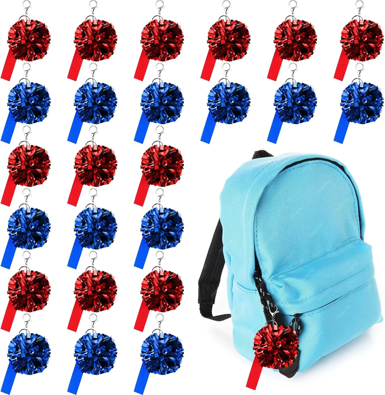 24 Pack Pom Pom Keychains for Cheerleader Cute Keychains for Girls with Customizable Label Belt for DIY Name using Heat Transfer, Perfect for Cheerleading Pins, Competition Awards & Backpack Charms
