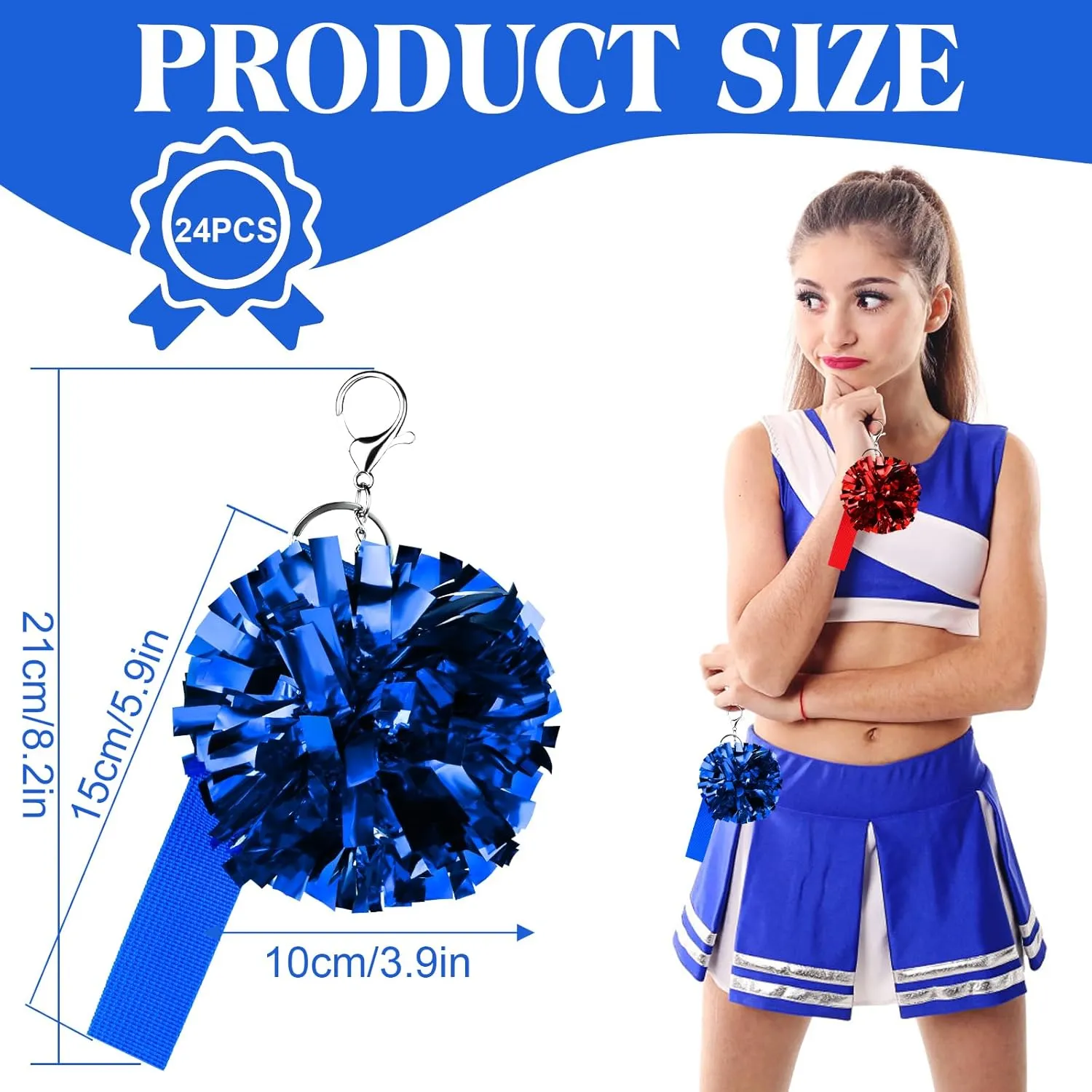 24 Pack Pom Pom Keychains for Cheerleader Cute Keychains for Girls with Customizable Label Belt for DIY Name using Heat Transfer, Perfect for Cheerleading Pins, Competition Awards & Backpack Charms