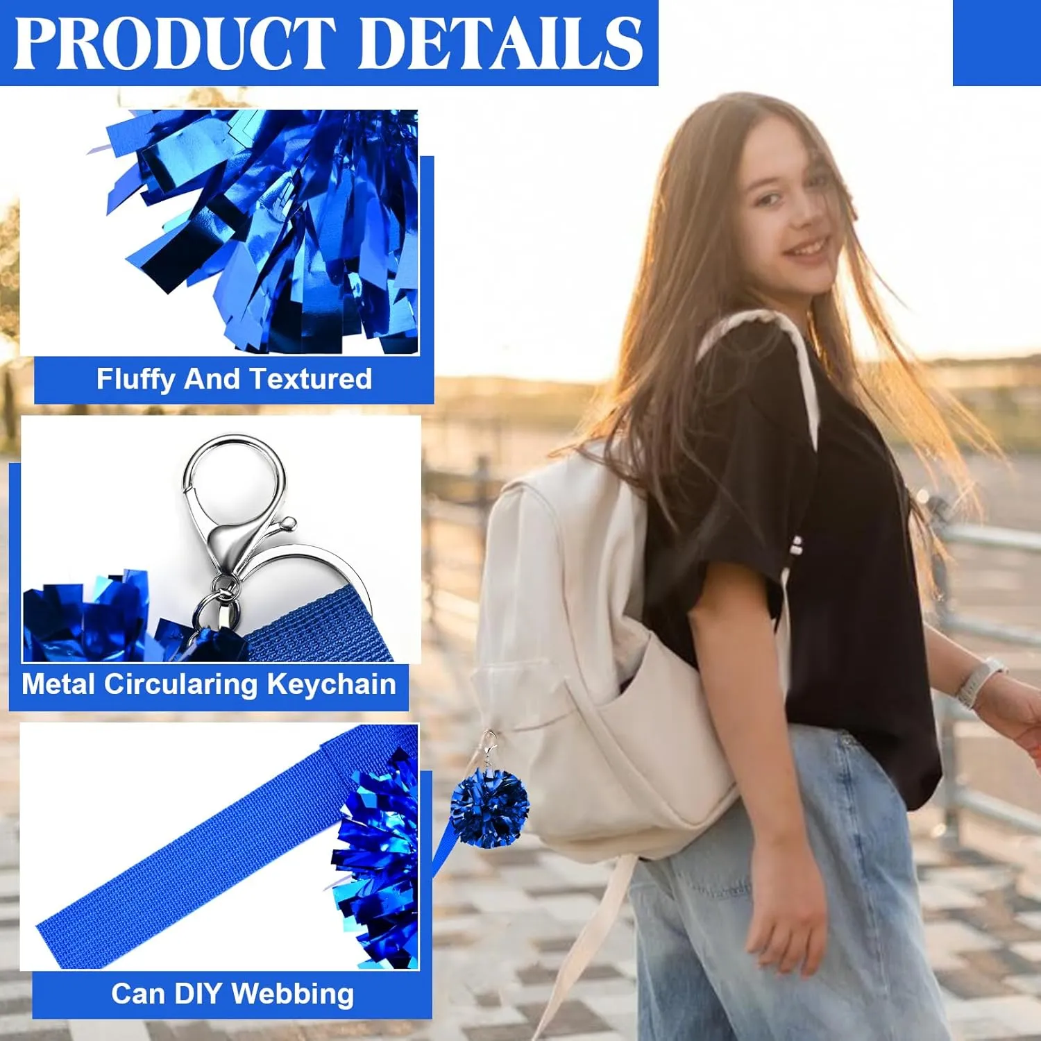 24 Pack Pom Pom Keychains for Cheerleader Cute Keychains for Girls with Customizable Label Belt for DIY Name using Heat Transfer, Perfect for Cheerleading Pins, Competition Awards & Backpack Charms