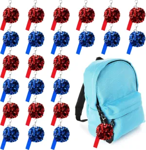 24 Pack Pom Pom Keychains for Cheerleader Cute Keychains for Girls with Customizable Label Belt for DIY Name using Heat Transfer, Perfect for Cheerleading Pins, Competition Awards & Backpack Charms