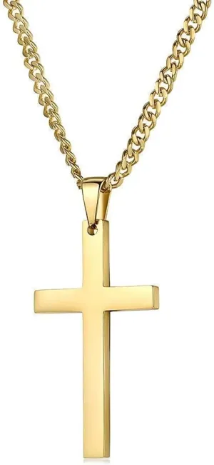 24K Gold Chain Style Cross Pendant Necklace Solid Clasp for Men, Husband, Thin for Charms Miami Cuban Link Diamond Cut