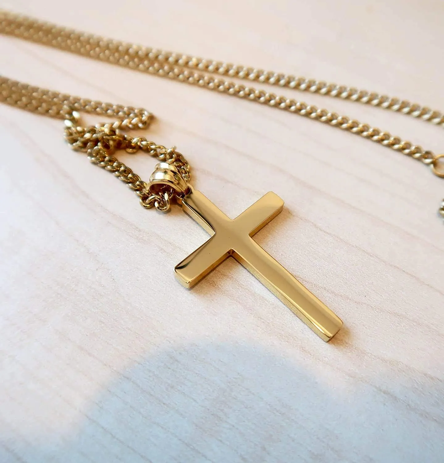 24K Gold Chain Style Cross Pendant Necklace Solid Clasp for Men, Husband, Thin for Charms Miami Cuban Link Diamond Cut