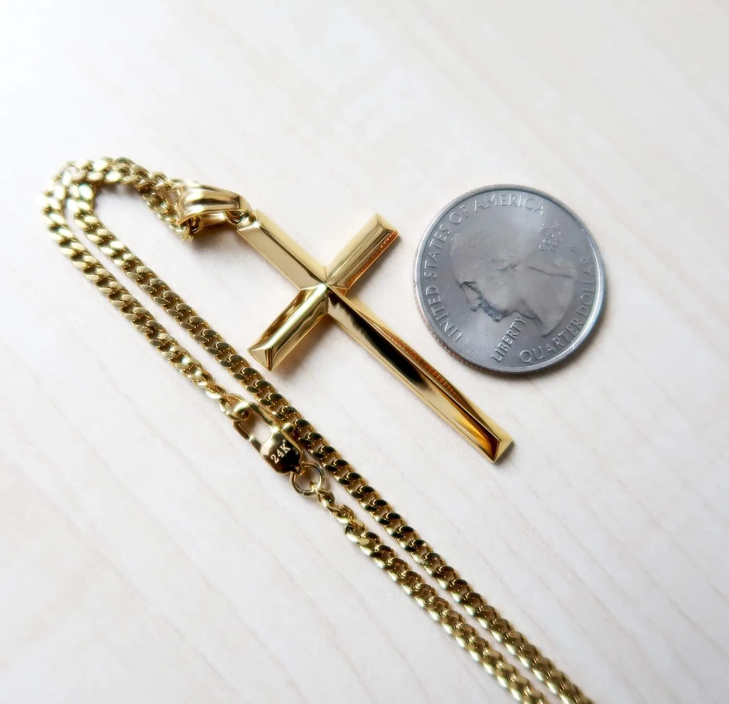 24K Gold Chain Style Cross Pendant Necklace Strong Clasp for MEN 24ct 3MM Thin for Charms Miami Cuban Link Diamond Cut Religious Beveled Edge