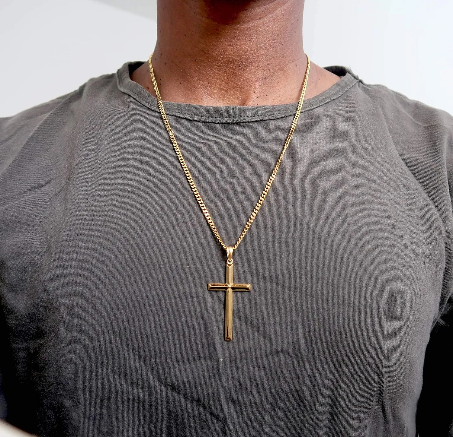 24K Gold Chain Style Cross Pendant Necklace Strong Clasp for MEN 24ct 3MM Thin for Charms Miami Cuban Link Diamond Cut Religious Beveled Edge
