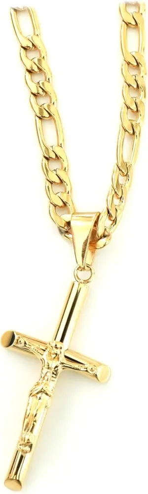 24K Gold Cross Crucifix Necklace Pendant Charm with 5MM Figaro Chain Gift for Men Women Jesus Crucifix Baptism Religious Gift