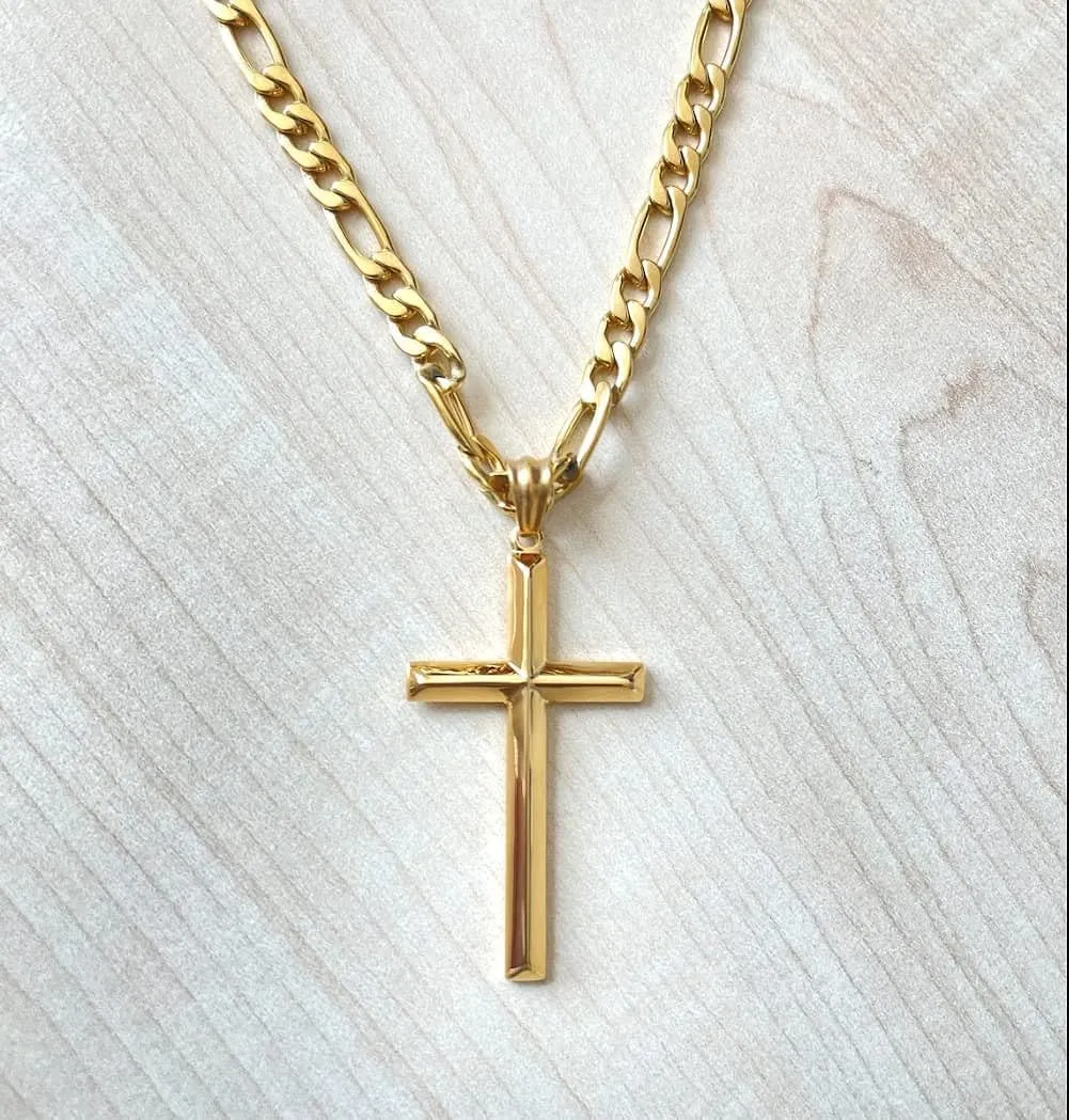 24K Gold Figaro Chain Style Cross Pendant Necklace 5MM Cross Necklace Clasp for MEN, HUSBAND Thin for Charms Miami Cuban Link Diamond Cut Religious Beveled Edge