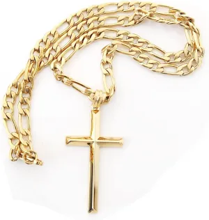 24K Gold Figaro Chain Style Cross Pendant Necklace 5MM Cross Necklace Clasp for MEN, HUSBAND Thin for Charms Miami Cuban Link Diamond Cut Religious Beveled Edge