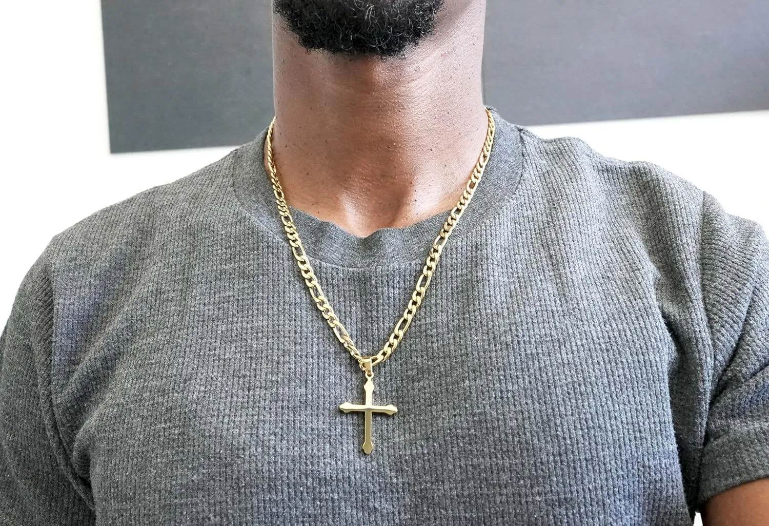 24K Gold Figaro Chain Style Cross Pendant Necklace 5MM Cross Necklace Clasp for MEN, WOMEN HUSBAND Thin for Charms Miami Cuban Link Diamond Cut Religious Holy