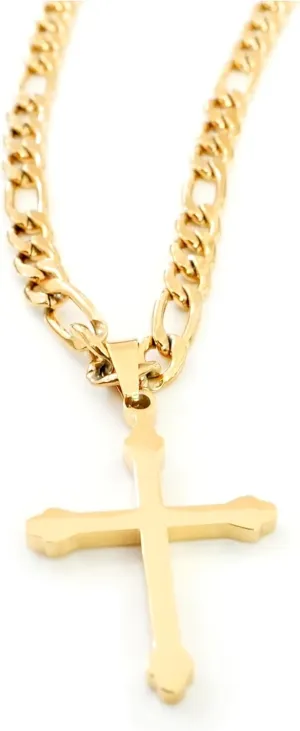 24K Gold Figaro Chain Style Cross Pendant Necklace 5MM Cross Necklace Clasp for MEN, WOMEN HUSBAND Thin for Charms Miami Cuban Link Diamond Cut Religious Holy