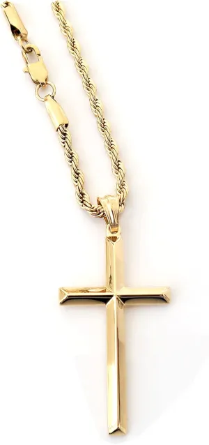 24K Gold Rope Chain Style Cross Pendant Necklace 3MM Cross Necklace Gift for MEN, HUSBAND FIANCE Thin for Charms Miami Cuban Link Diamond Cut Religious Beveled Edge