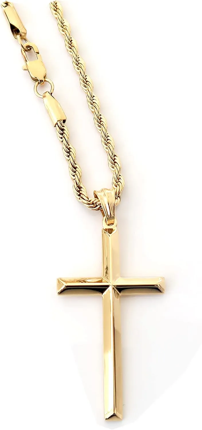 24K Gold Rope Chain Style Cross Pendant Necklace 3MM Cross Necklace Gift for MEN, HUSBAND FIANCE Thin for Charms Miami Cuban Link Diamond Cut Religious Beveled Edge