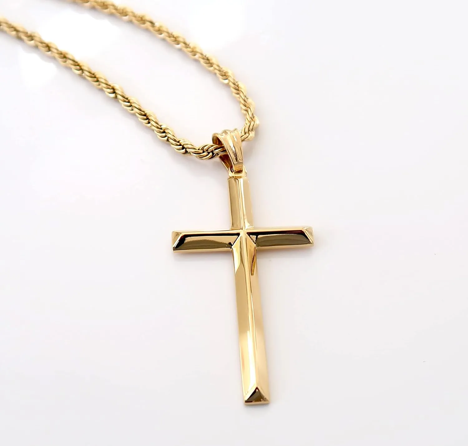 24K Gold Rope Chain Style Cross Pendant Necklace 3MM Cross Necklace Gift for MEN, HUSBAND FIANCE Thin for Charms Miami Cuban Link Diamond Cut Religious Beveled Edge