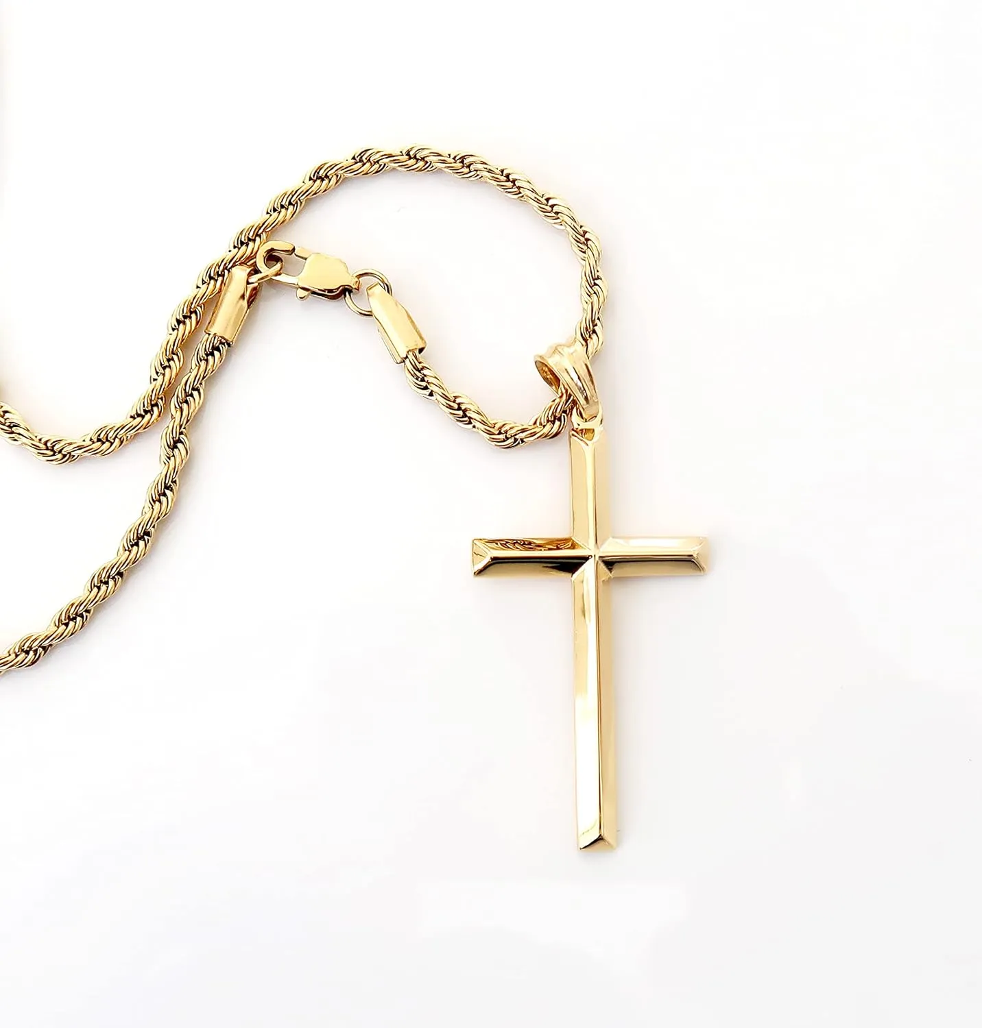 24K Gold Rope Chain Style Cross Pendant Necklace 3MM Cross Necklace Gift for MEN, HUSBAND FIANCE Thin for Charms Miami Cuban Link Diamond Cut Religious Beveled Edge