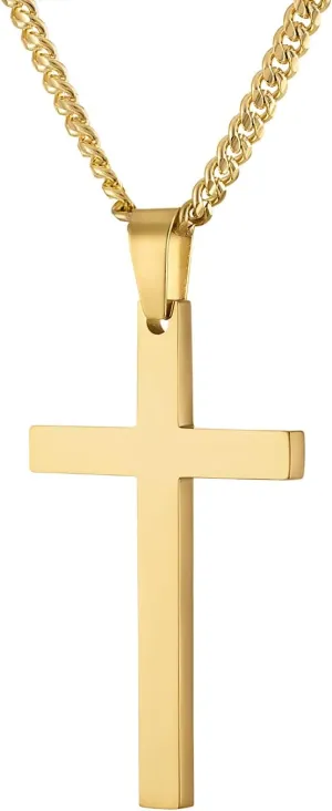 24K Gold Style Plated Curb Chain Cross Pendant Necklace 3MM Cross Necklace Clasp for MEN, HUSBAND Thin for Charms Miami Cuban Link Diamond Cut Religious Crucifix