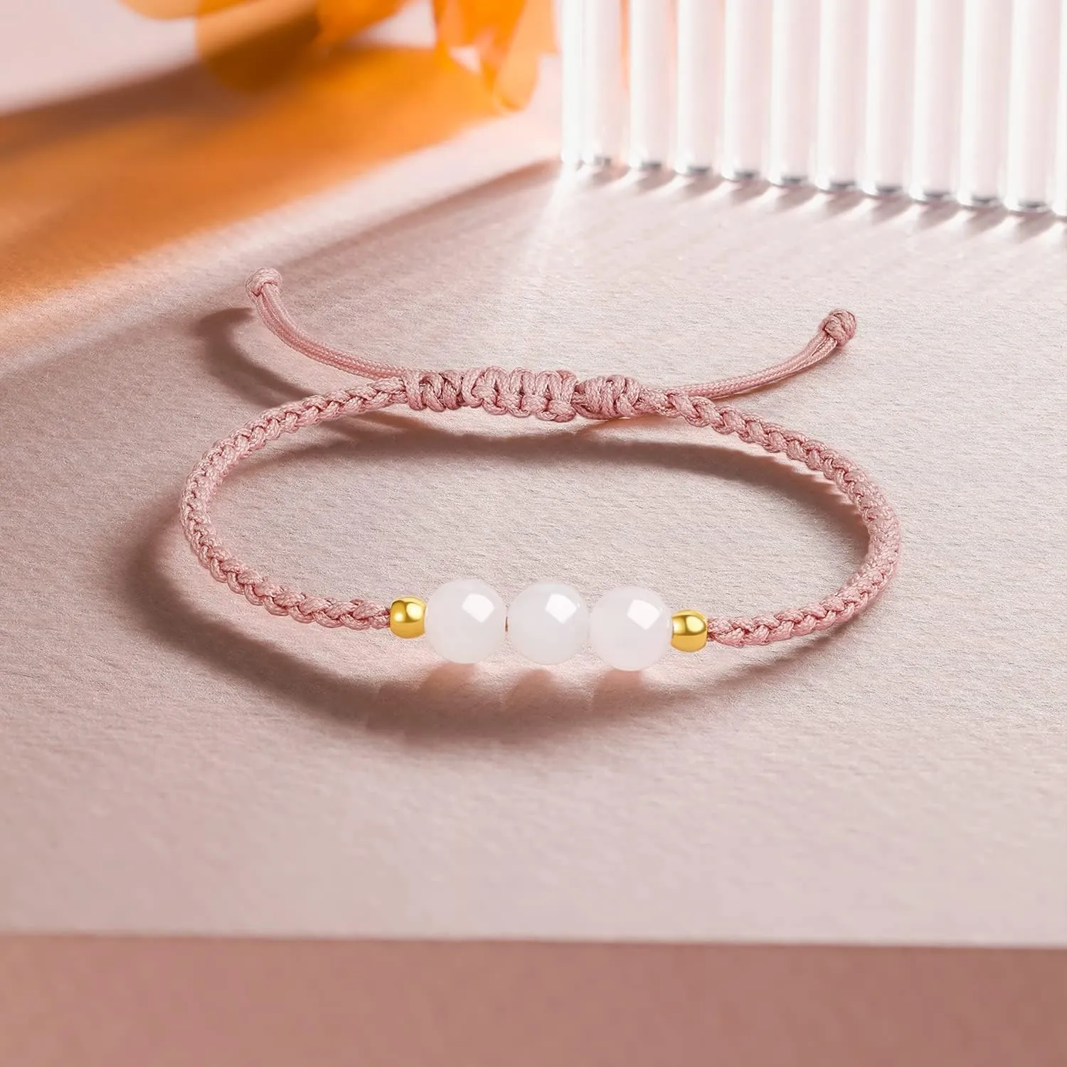 24K Solid Gold Bracelets for Women, Real Pure Gold Adjustable Friendship Gold Bead White Jade Bead Bracelet Green Pink Braided Bracelet for Women Men Mom Girlfriend