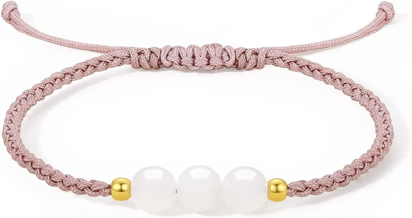 24K Solid Gold Bracelets for Women, Real Pure Gold Adjustable Friendship Gold Bead White Jade Bead Bracelet Green Pink Braided Bracelet for Women Men Mom Girlfriend