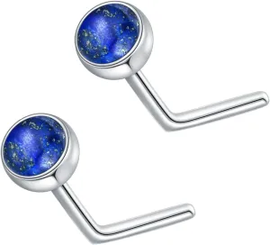 2Pcs Gemstone Nose Ring 925 Sterling Silver 3mm Turquoise Lapis Lazuli Larimar Black Onyx L Shaped Nose Stud Piercing Jewelry for Women