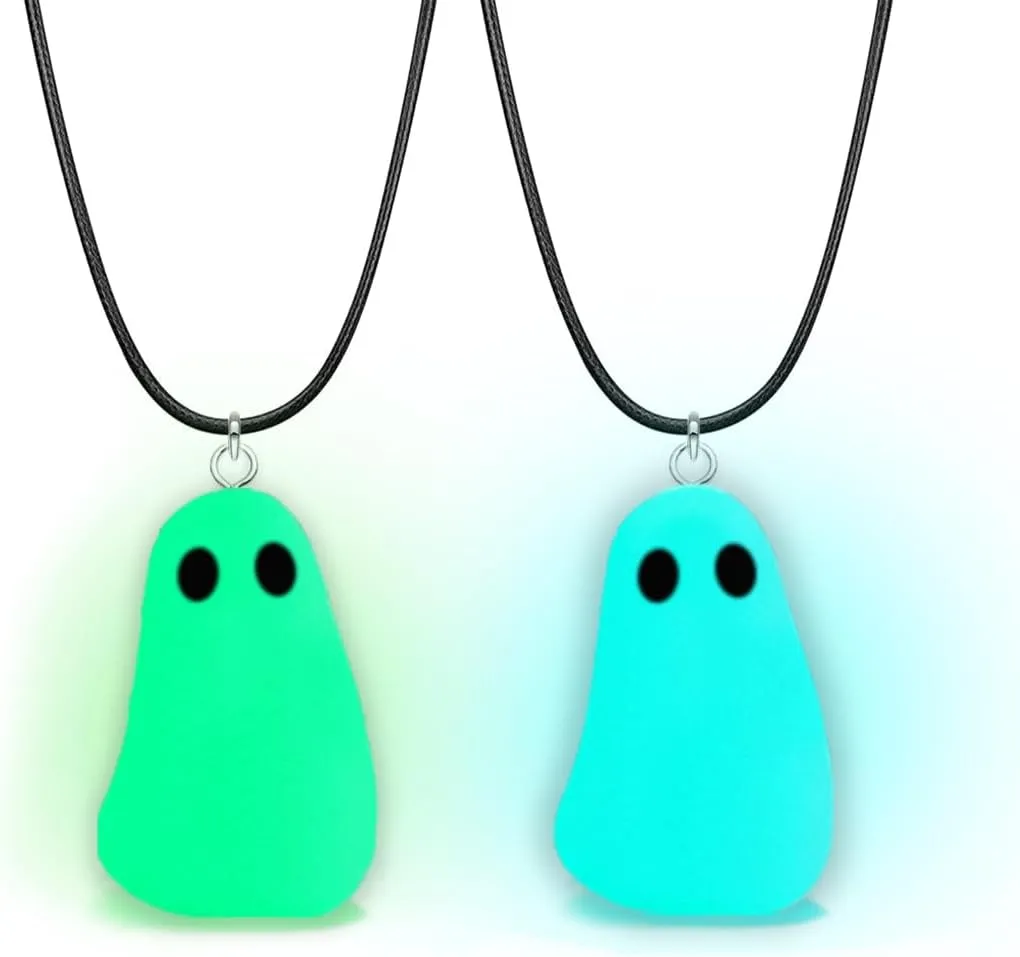 2pcs Ghost Necklace Cute Adopt a Ghost Necklace Blue and Green Glow in the Dark Pendent Christmas Halloween Jewelry for Women and Men