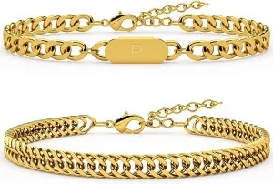 2PCS Initial Letter Cuban Bracelet, A-Z Letter Pendant Stainless Steel Gold Cuban Link Chain for Men Women Jewelry Set for H G