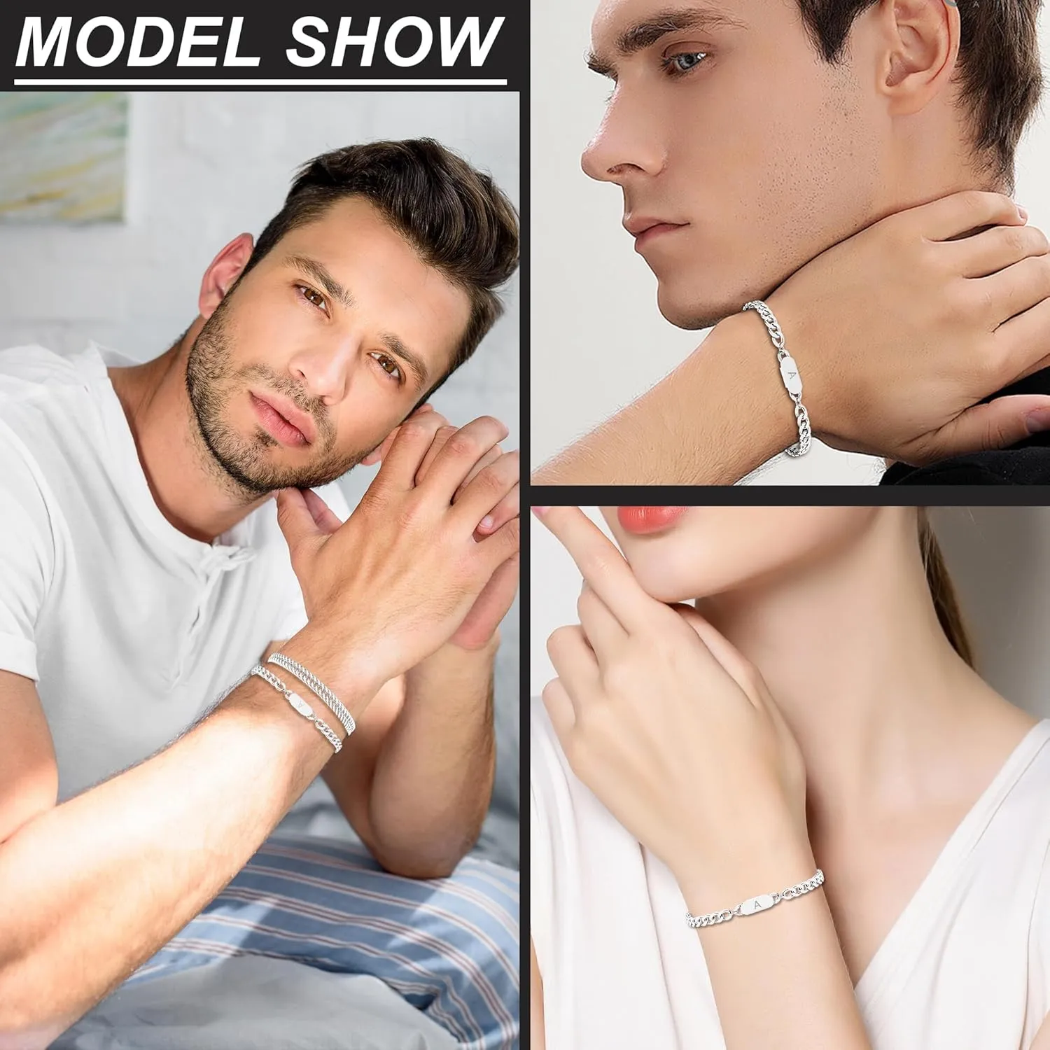 2PCS Initial Letter Cuban Bracelet, A-Z Letter Pendant Stainless Steel Silver Cuban Link Chain for Men Women Jewelry Set for Him Her