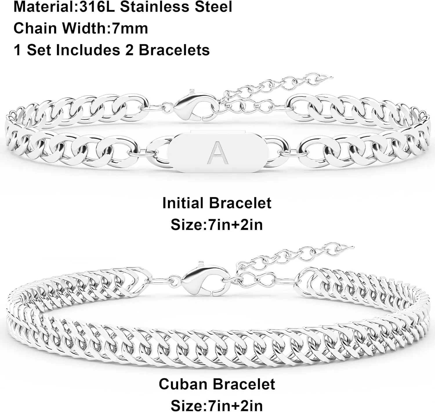 2PCS Initial Letter Cuban Bracelet, A-Z Letter Pendant Stainless Steel Silver Cuban Link Chain for Men Women Jewelry Set for Him Her