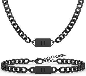 2PCS Initial Letter Cuban Necklace Bracelet, A-Z Letter Pendant Cuban Link Chain for Men Women Jewelry Set for B