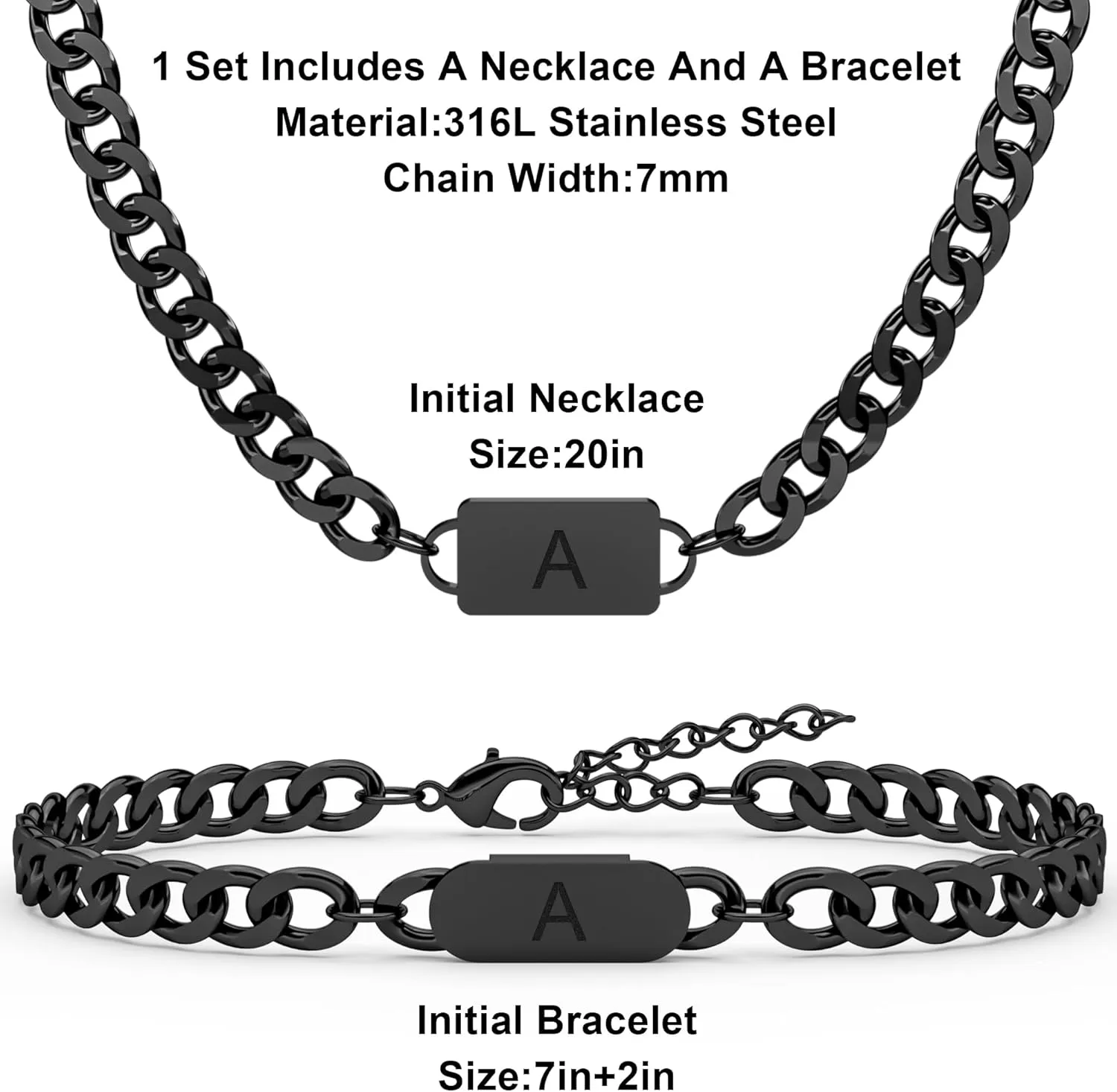 2PCS Initial Letter Cuban Necklace Bracelet, A-Z Letter Pendant Cuban Link Chain for Men Women Jewelry Set for B