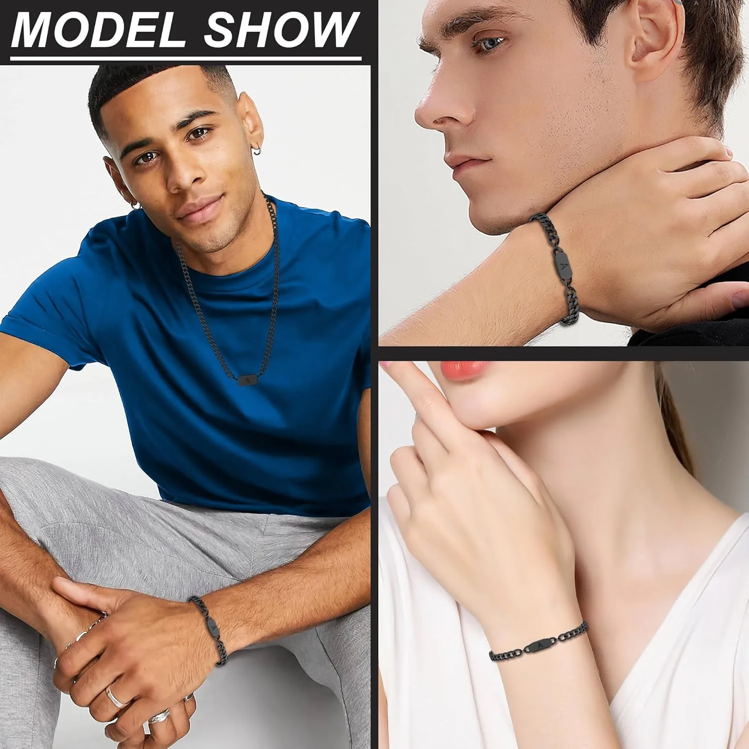 2PCS Initial Letter Cuban Necklace Bracelet, A-Z Letter Pendant Cuban Link Chain for Men Women Jewelry Set for B