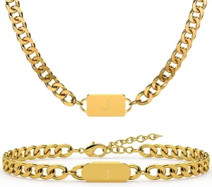 2PCS Initial Letter Cuban Necklace Bracelet, A-Z Letter Pendant Gold Cuban Link Chain for Men Women Jewelry Set for H G