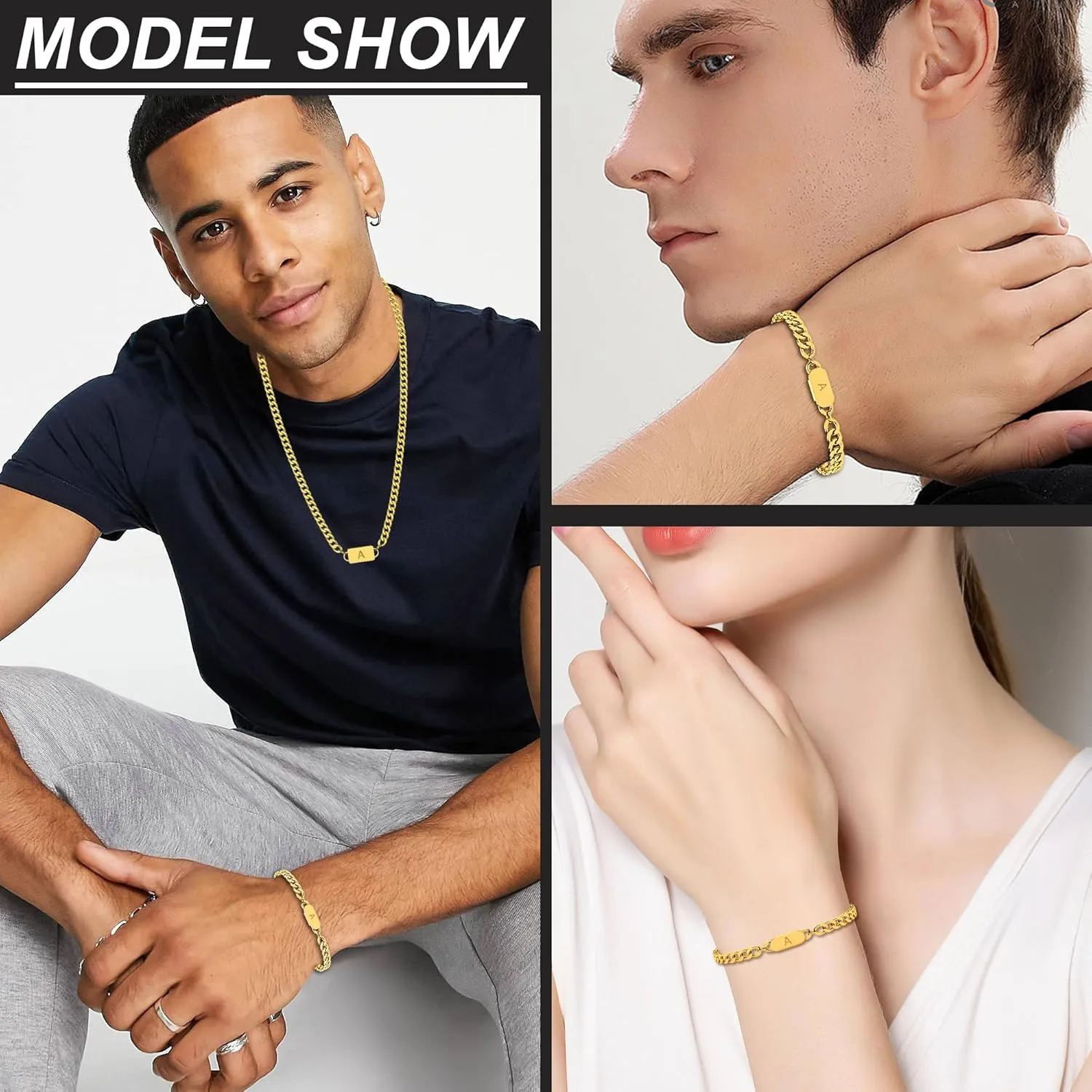 2PCS Initial Letter Cuban Necklace Bracelet, A-Z Letter Pendant Gold Cuban Link Chain for Men Women Jewelry Set for H G