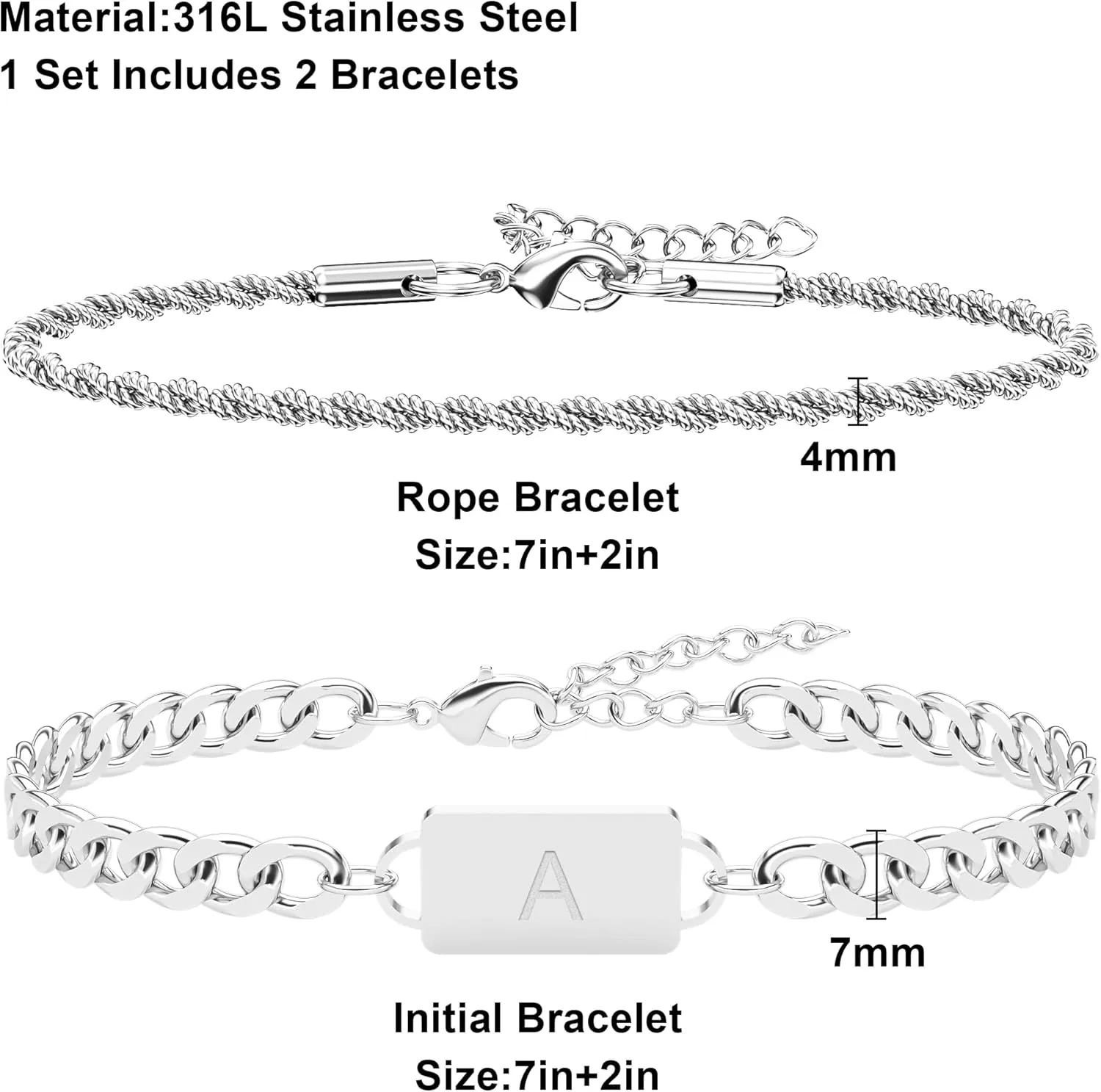 2PCS Initial Letter Stainless Steel Bracelet, A-Z Letter Pendant Silver Gold Black Cuban Rope Link Chain for Men Women Jewelry Set