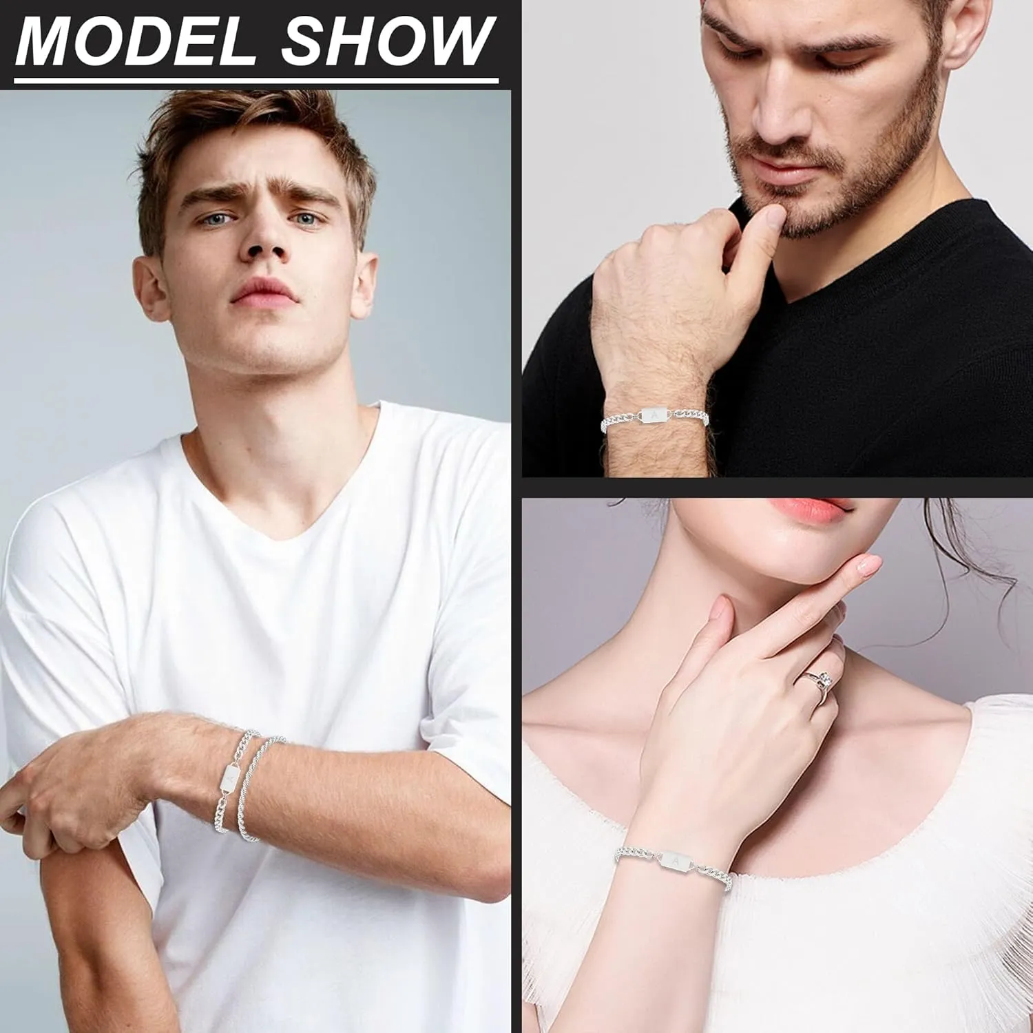 2PCS Initial Letter Stainless Steel Bracelet, A-Z Letter Pendant Silver Gold Black Cuban Rope Link Chain for Men Women Jewelry Set