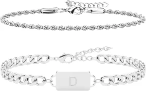 2PCS Initial Letter Stainless Steel Bracelet, A-Z Letter Pendant Silver Gold Black Cuban Rope Link Chain for Men Women Jewelry Set