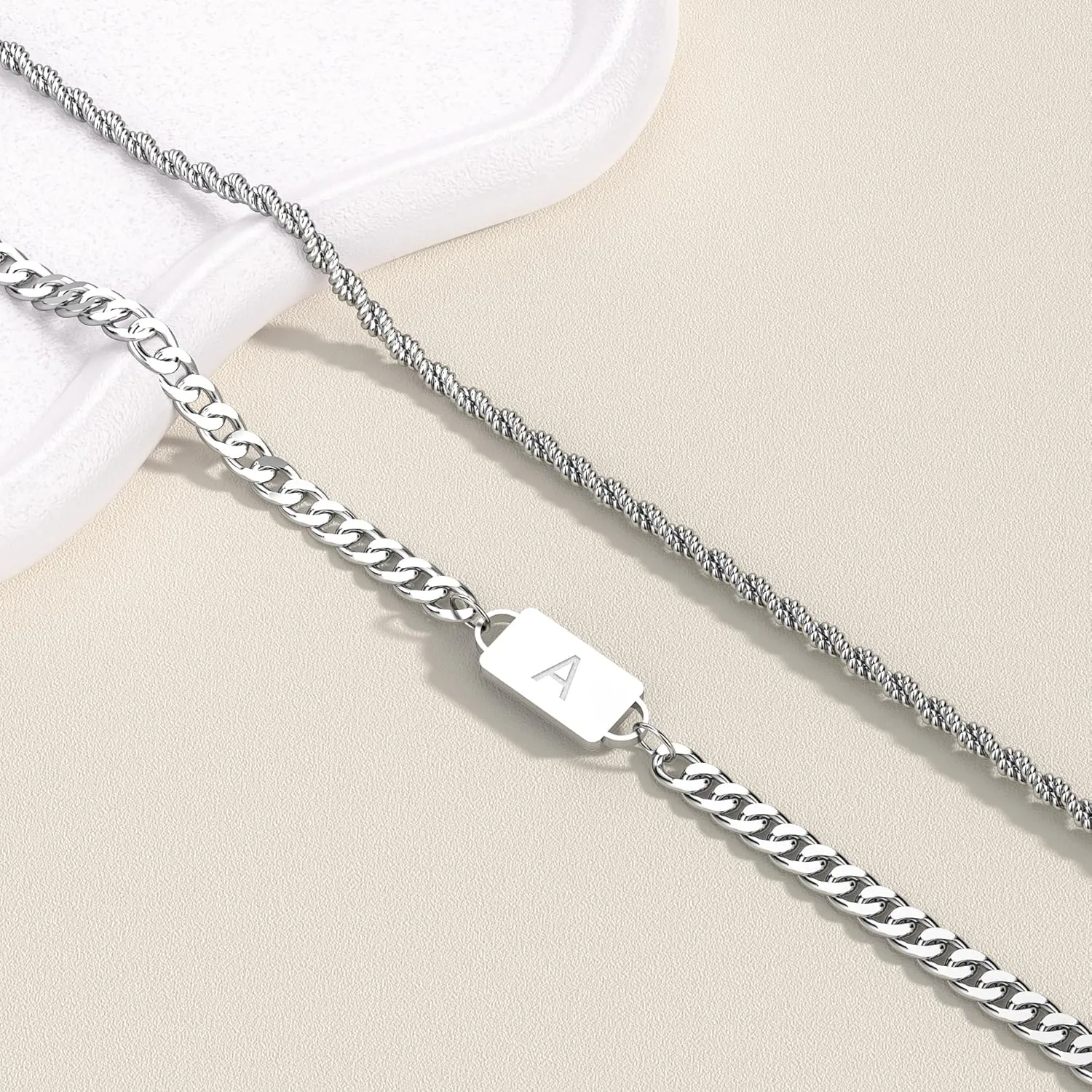 2PCS Initial Letter Stainless Steel Bracelet, A-Z Letter Pendant Silver Gold Black Cuban Rope Link Chain for Men Women Jewelry Set