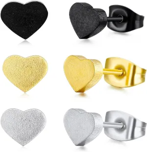 3 Pairs Heart Stud Earrings for Women, Flat Back Titanium Earrings Hypoallergenic Heart Shaped Earrings Cute Trendy Earring Stud-Black/Silver/Gold