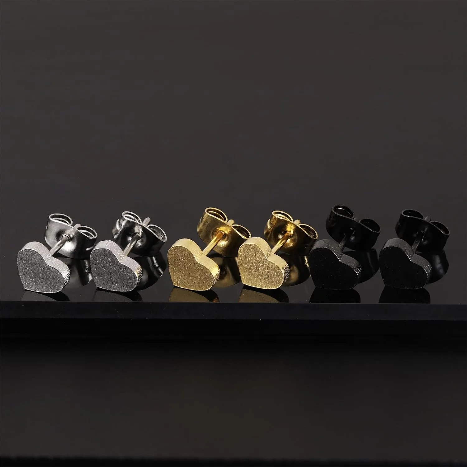 3 Pairs Heart Stud Earrings for Women, Flat Back Titanium Earrings Hypoallergenic Heart Shaped Earrings Cute Trendy Earring Stud-Black/Silver/Gold