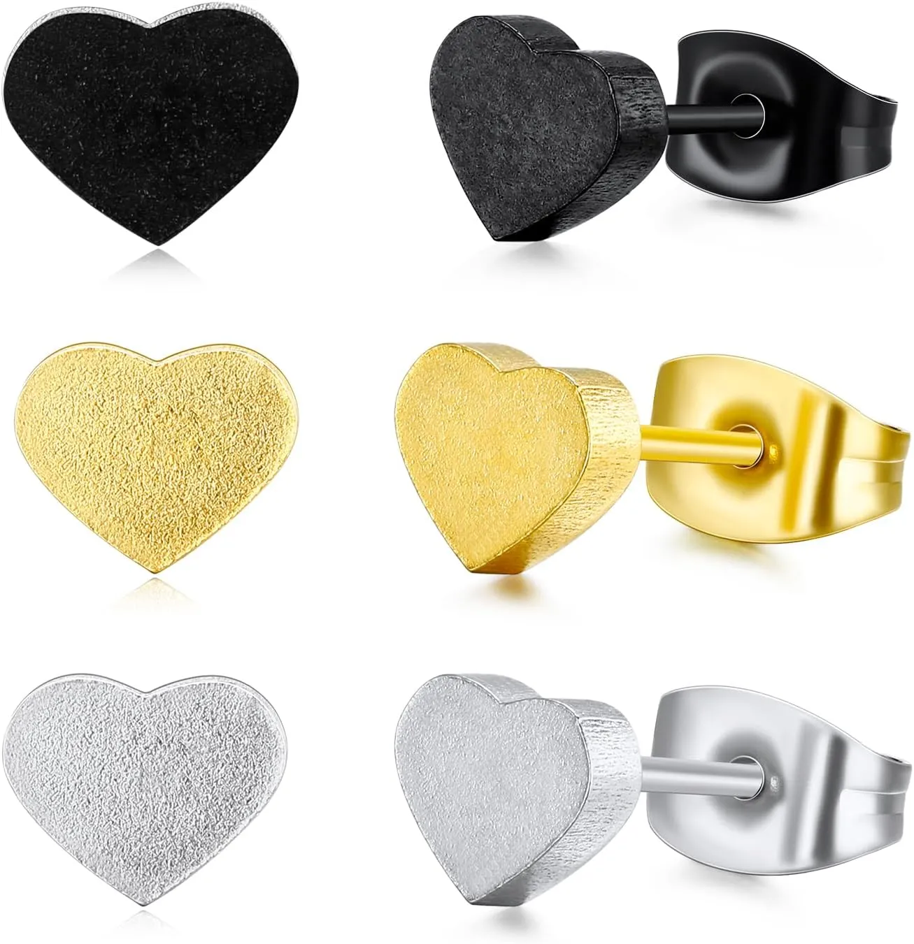 3 Pairs Heart Stud Earrings for Women, Flat Back Titanium Earrings Hypoallergenic Heart Shaped Earrings Cute Trendy Earring Stud-Black/Silver/Gold