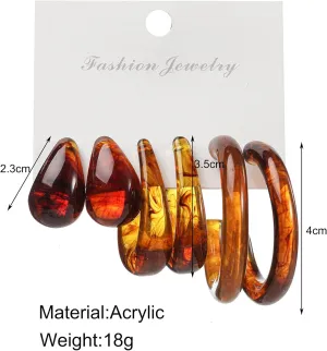 3 Pairs Lightweight Minimalist Vintage Polished Teardrop Waterdrop C Shape Circle Round Cuff Acrylic Resin Hoop Earrings Colorful Thick Chunky Wide Thin Acetic Acid Earrinsg Set for Women - Amber
